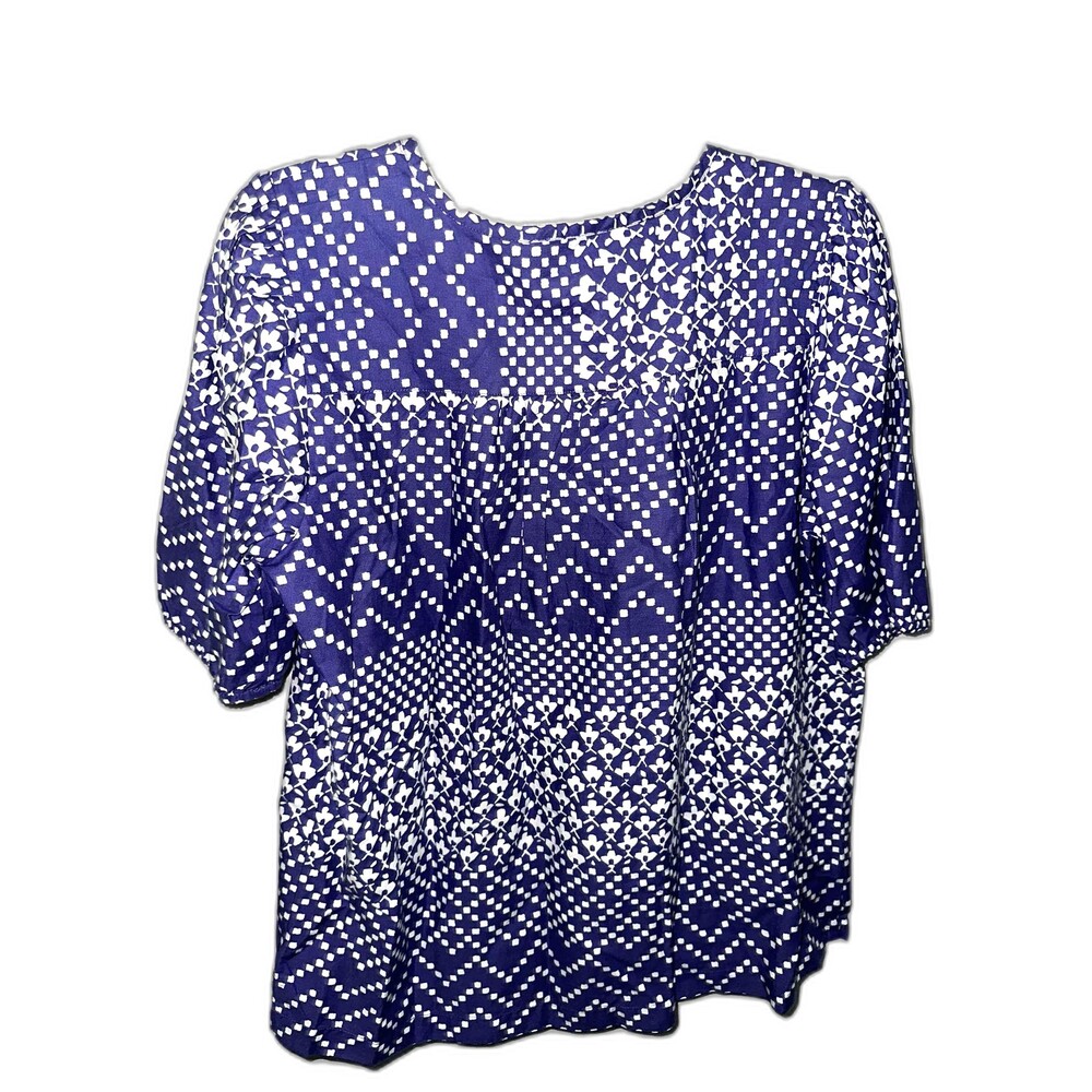 LOFT Blue & White Geometric Print Split Neck Blouse Sz M - Picture 3 of 4
